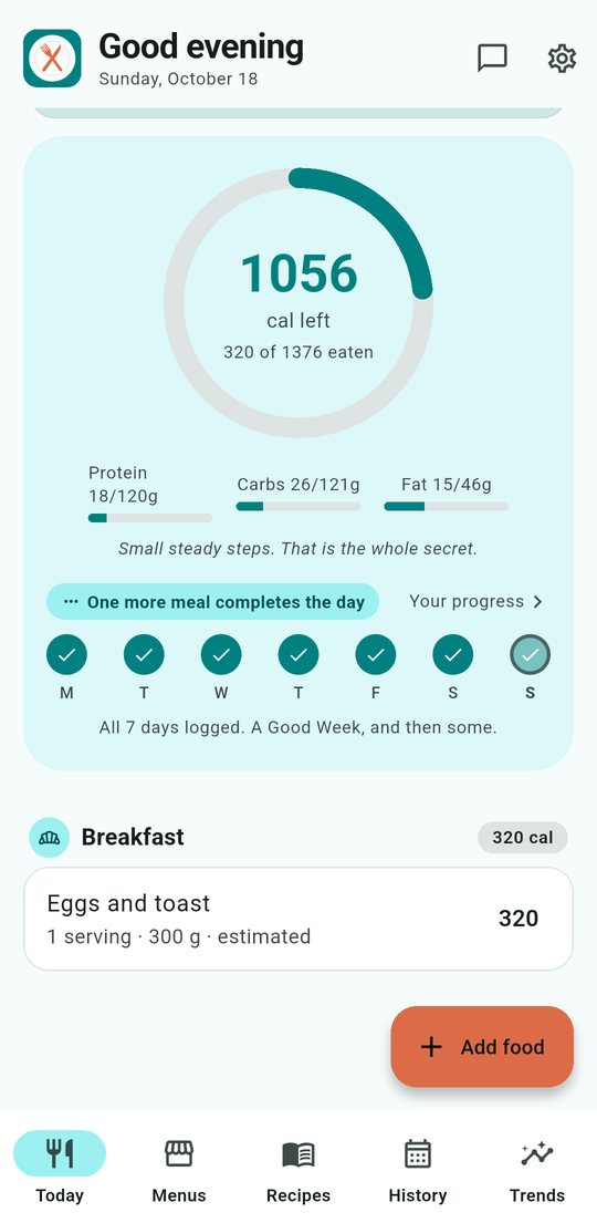 The Today screen: calories left in a ring, protein, carbs and fat bars, and this week's seven dots, all logged.